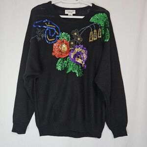 Vintage Sequin‎ Floral Sweater 80s Maximalist Glam Retro Artsy Ramie Knit